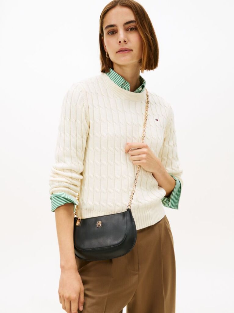 Negru TH Monogram Geanta Crossbody Cu Curea Tip Lant   Femei
