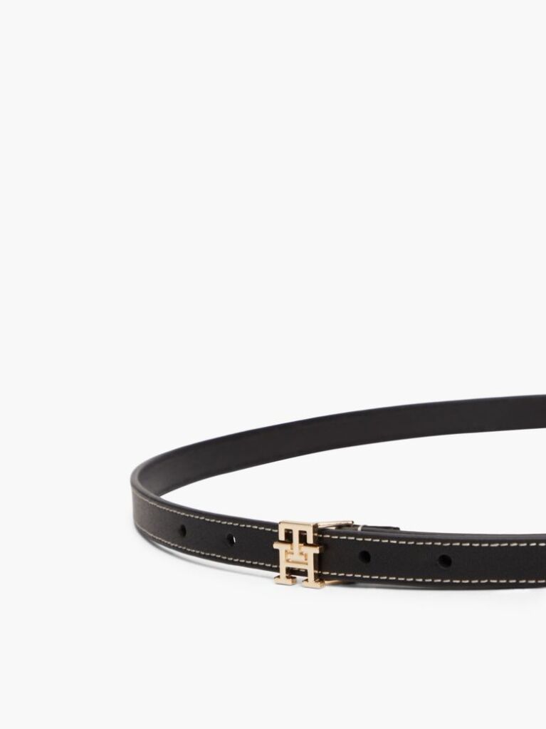Black Leather TH Monogram Plaque Buckle Belt  Women