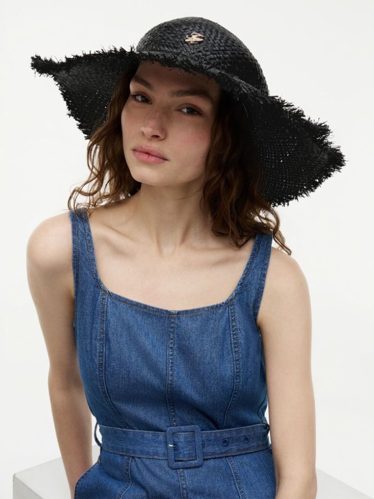 Black Logo Plaque Woven Straw Hat  Women