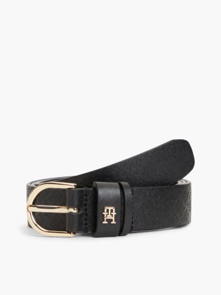 Black TH Monogram Debossed Leather Belt  Women