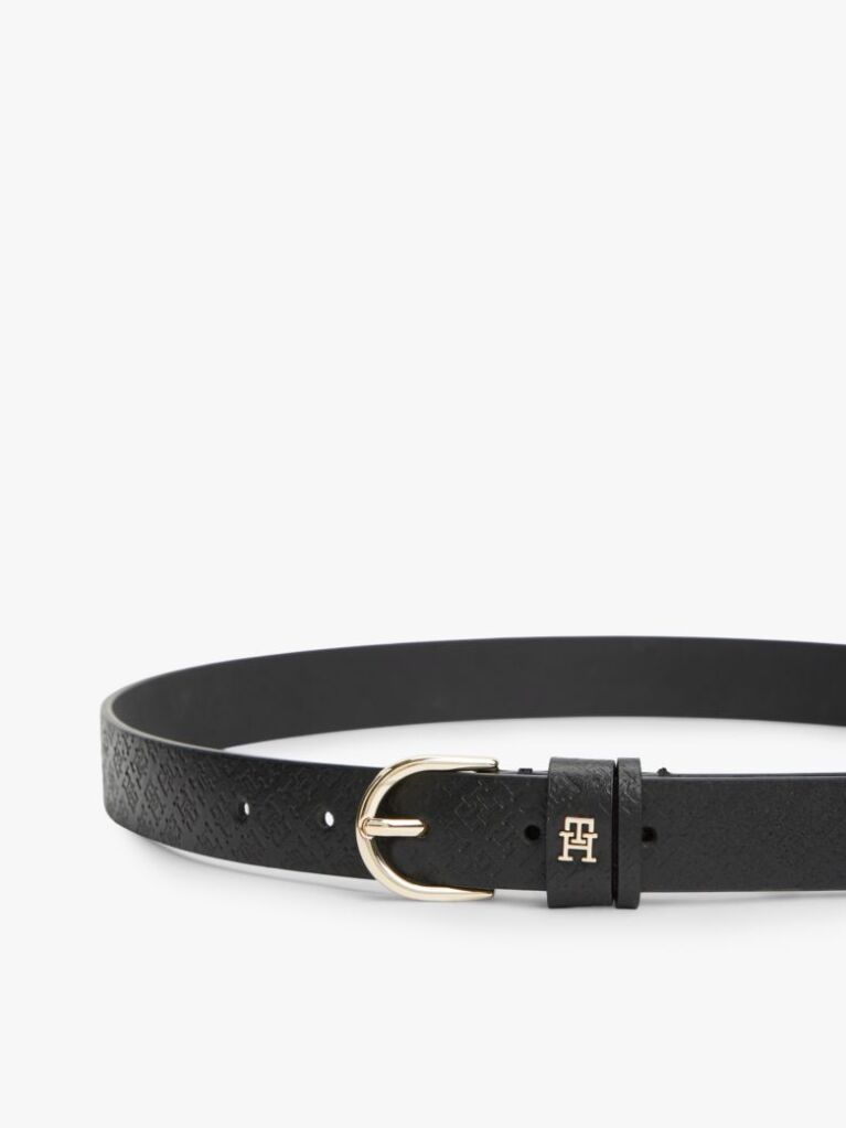 Black TH Monogram Debossed Leather Belt  Women