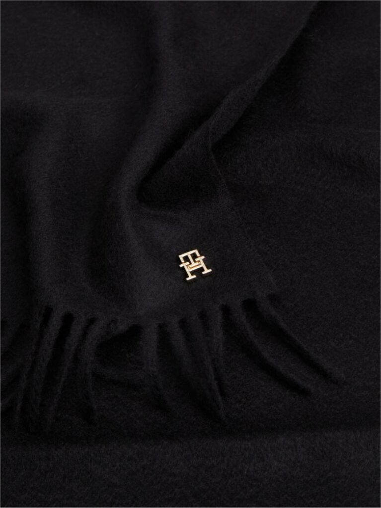 Black Pure Cashmere TH Monogram Fringe Scarf  Women