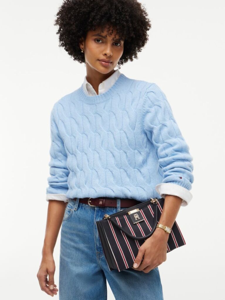 Blue Geanta Satchel Cu Monograma TH Si Dunga Global  Femei