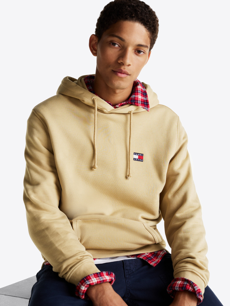 Khaki Tommy Badge Drawstring Hoody  Men