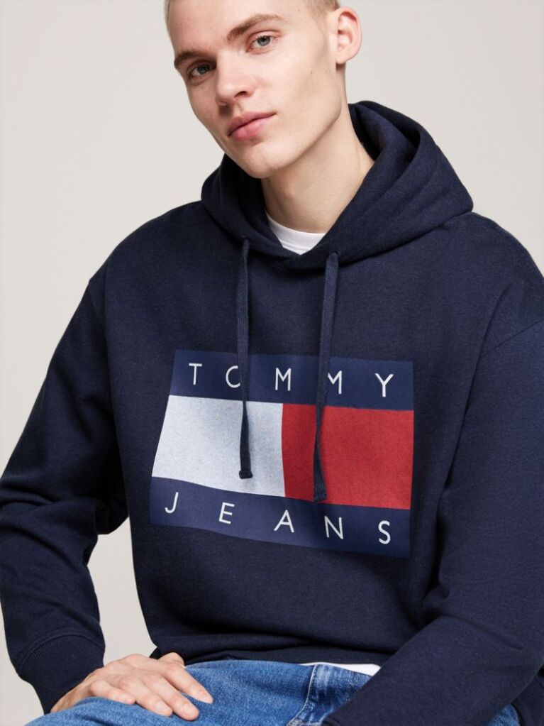 Blue Hanorac Relaxat Cu Gluga Tommy Flag Badge Mélange  Barbati