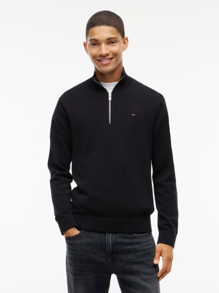 Black Tommy Flag Lightweight Slim Quarter-Zip Jumper  Men