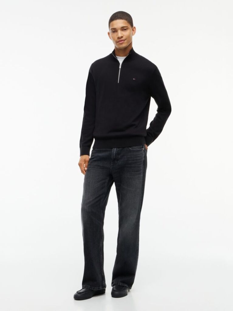 Black Tommy Flag Lightweight Slim Quarter-Zip Jumper  Men