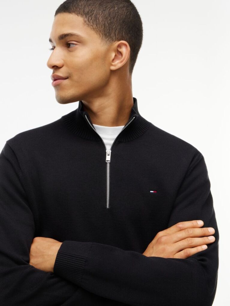 Black Tommy Flag Lightweight Slim Quarter-Zip Jumper  Men