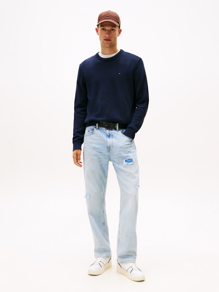 Blue Pulover Slim Cu Guler Rotund  Barbati