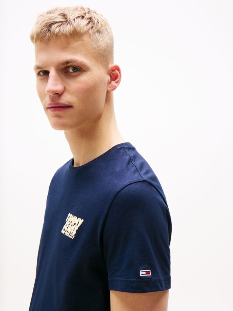 Blue Tricou Slim Cu Logo In Stil Bubble  Barbati