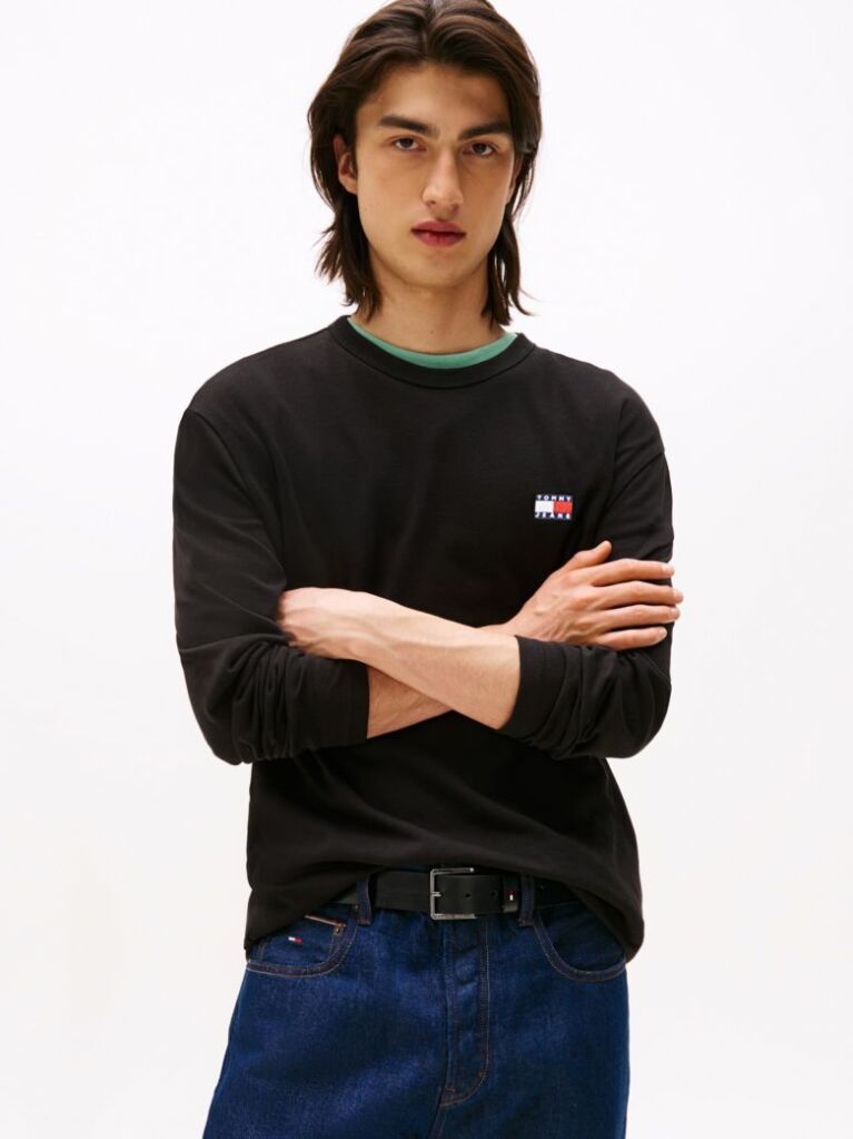 Negru Tricou Cu Maneca Lunga Si Emblema Tonala Tommy  Barbati
