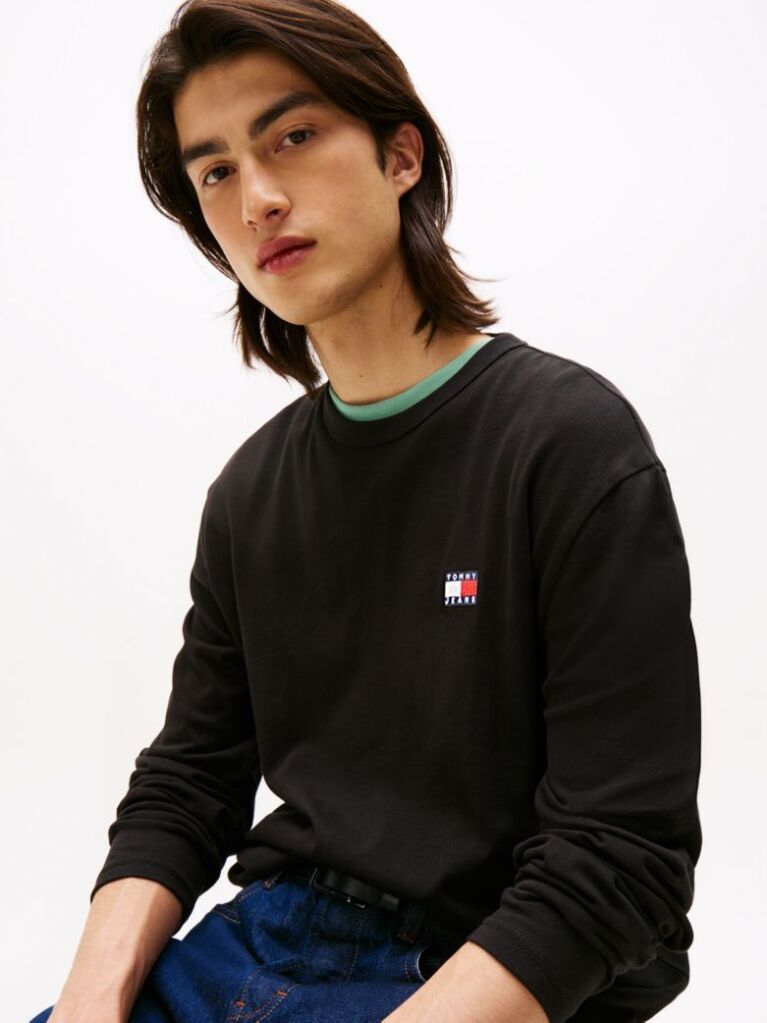Negru Tricou Cu Maneca Lunga Si Emblema Tonala Tommy  Barbati
