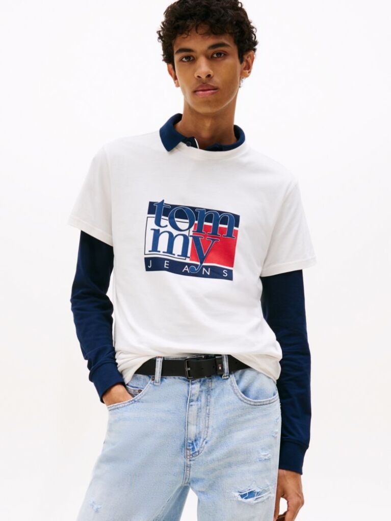 Alb Tricou Slim Cu Print Flag  Barbati
