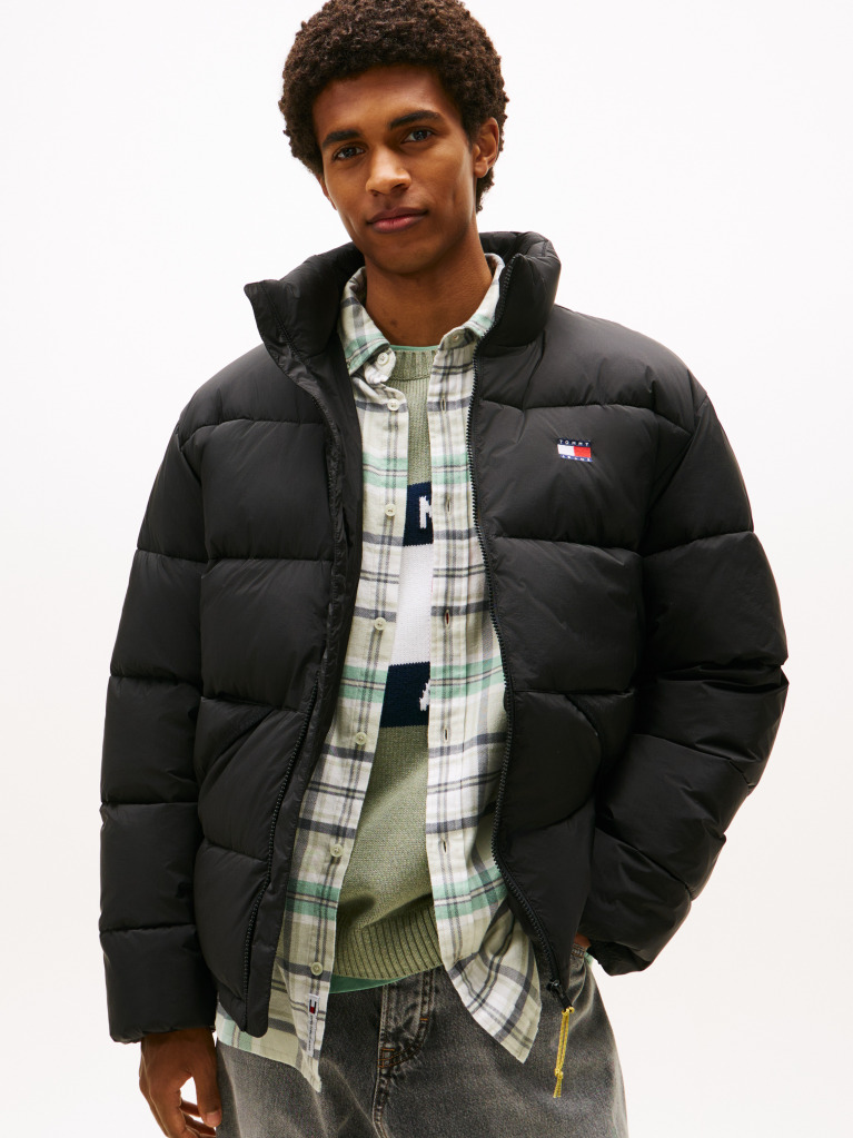 Negru Geaca Puffer Relaxata Hidrofuga Cu Textura Crinkle  Barbati