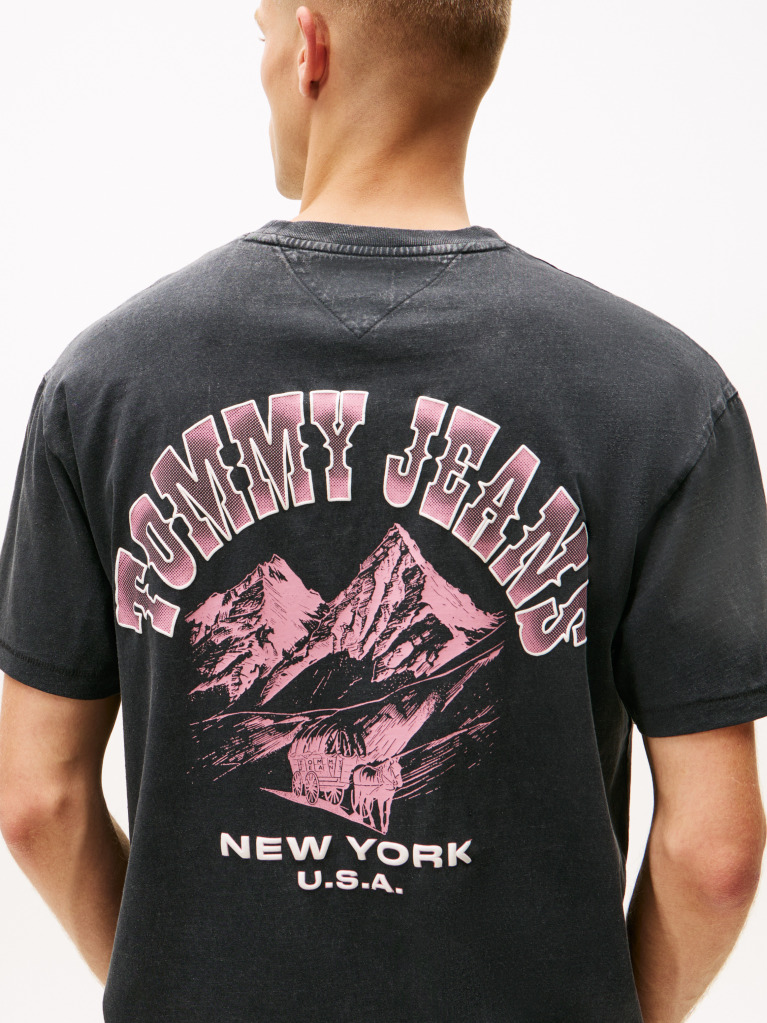 Negru Tricou Relaxat Cu Guler Rotund Si Print Pe Spate  Barbati