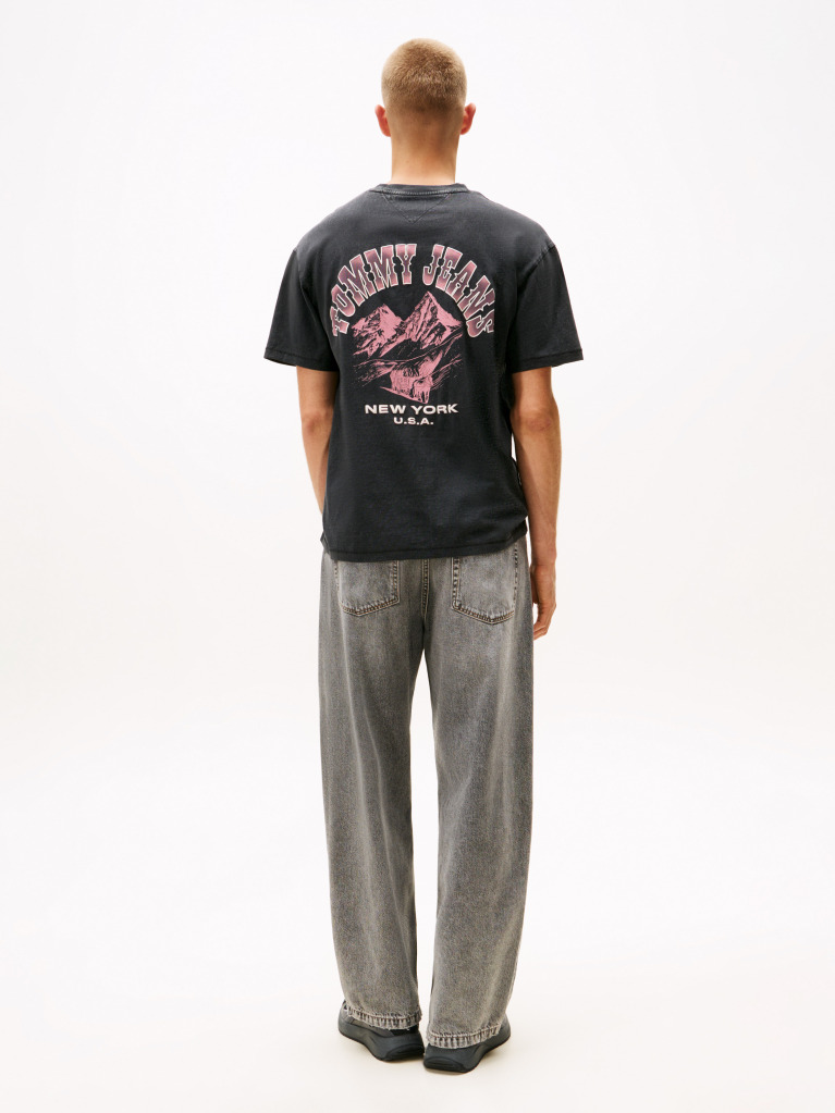 Negru Tricou Relaxat Cu Guler Rotund Si Print Pe Spate  Barbati