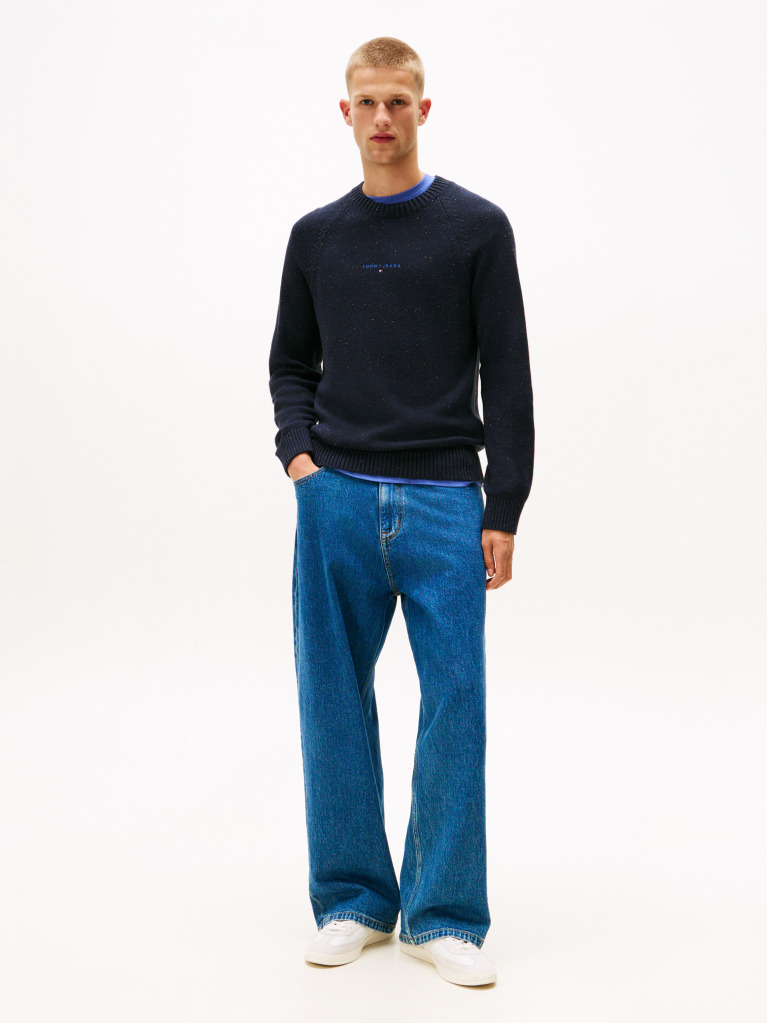 Blue Pulover Slim Cu Maneca Raglan Si Logo Liniar  Barbati