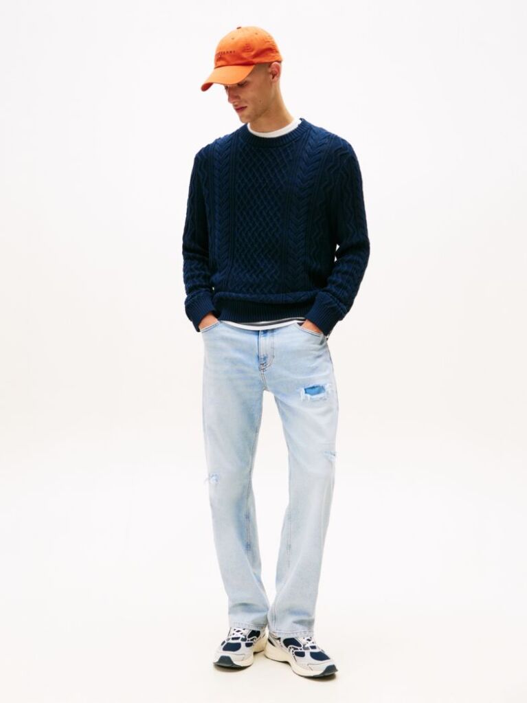 Blue Pulover Slim Tricotat Cu Model Cable Si Emblema Tommy  Barbati