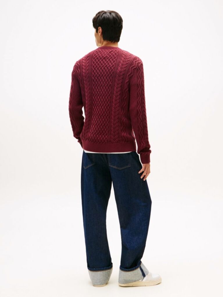 Red Tommy Badge Cable Knit Slim Jumper  Men