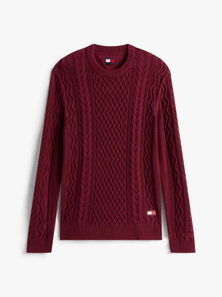 Red Tommy Badge Cable Knit Slim Jumper  Men