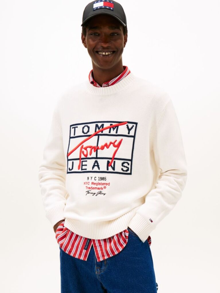 White Intarsia Logo Crew Neck Jumper  Men