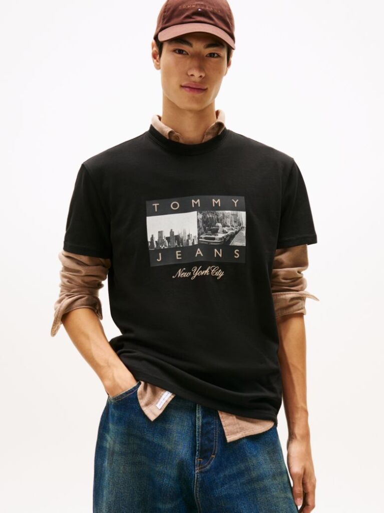Negru Tricou Din Jersey Cu Guler Rotund Cu Print Fotografic  Barbati