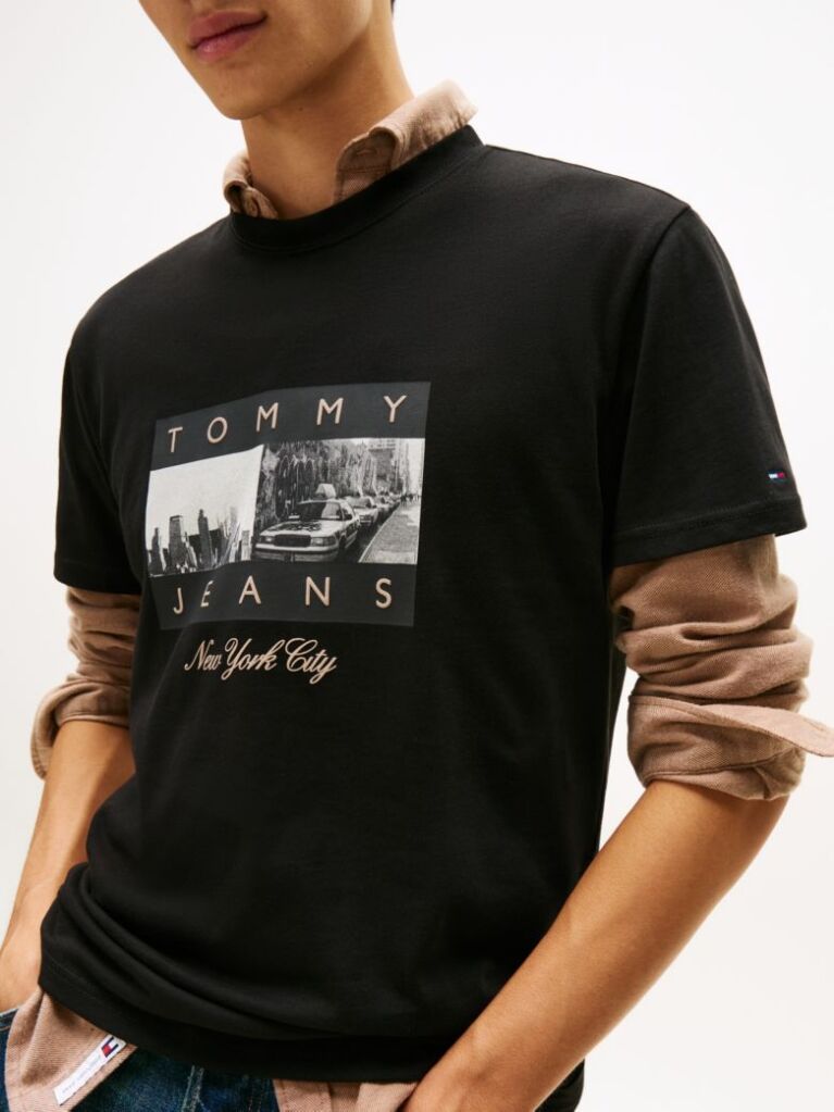 Negru Tricou Din Jersey Cu Guler Rotund Cu Print Fotografic  Barbati