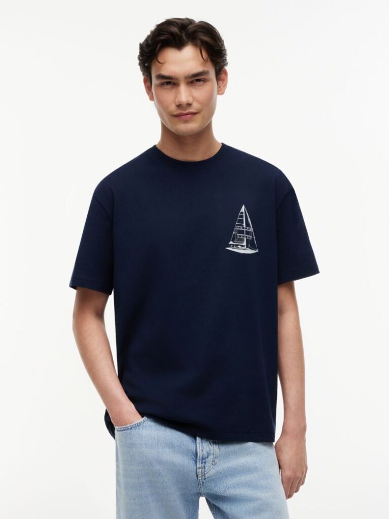 Blue Tricou Din Jersey Lejer Cu Imprimeu Pe Spate  Barbati