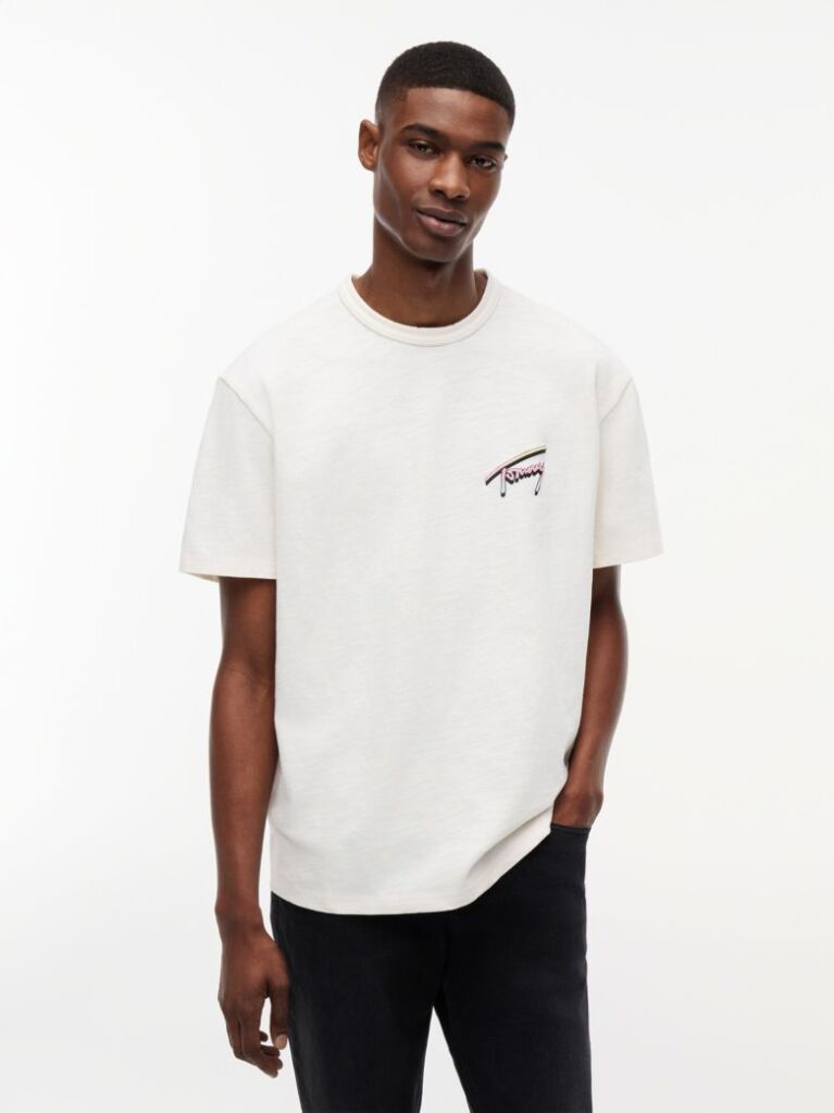 Alb Tricou Lejer Cu Textura Si Imprimeu Pe Spate  Barbati