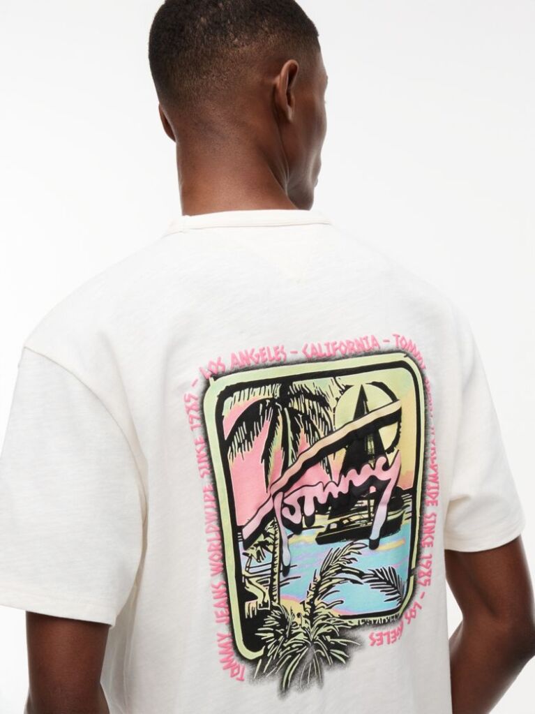 Alb Tricou Lejer Cu Textura Si Imprimeu Pe Spate  Barbati