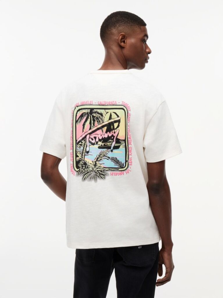 Alb Tricou Lejer Cu Textura Si Imprimeu Pe Spate  Barbati