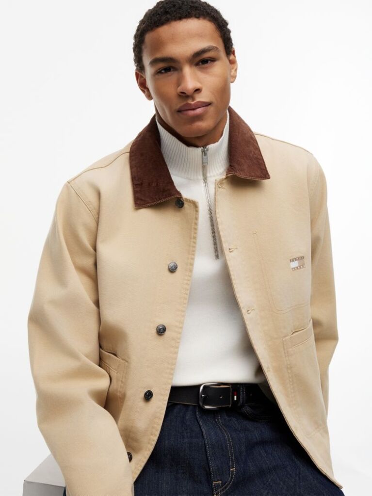 Beige Contrast Collar Canvas Chore Jacket  Men