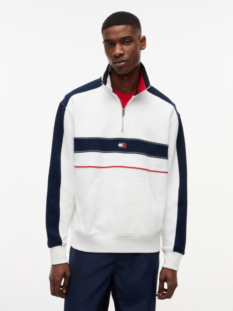 Alb Hanorac Lejer Quarter-Zip Si Blocuri De Culoare  Barbati