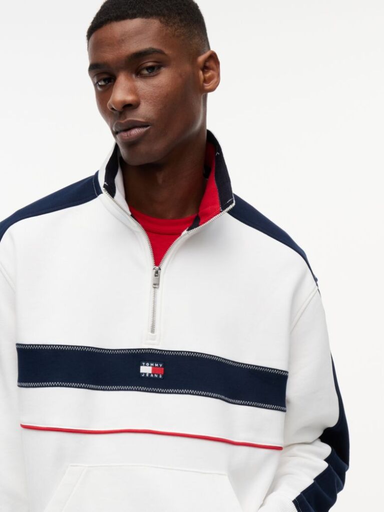 Alb Hanorac Lejer Quarter-Zip Si Blocuri De Culoare  Barbati