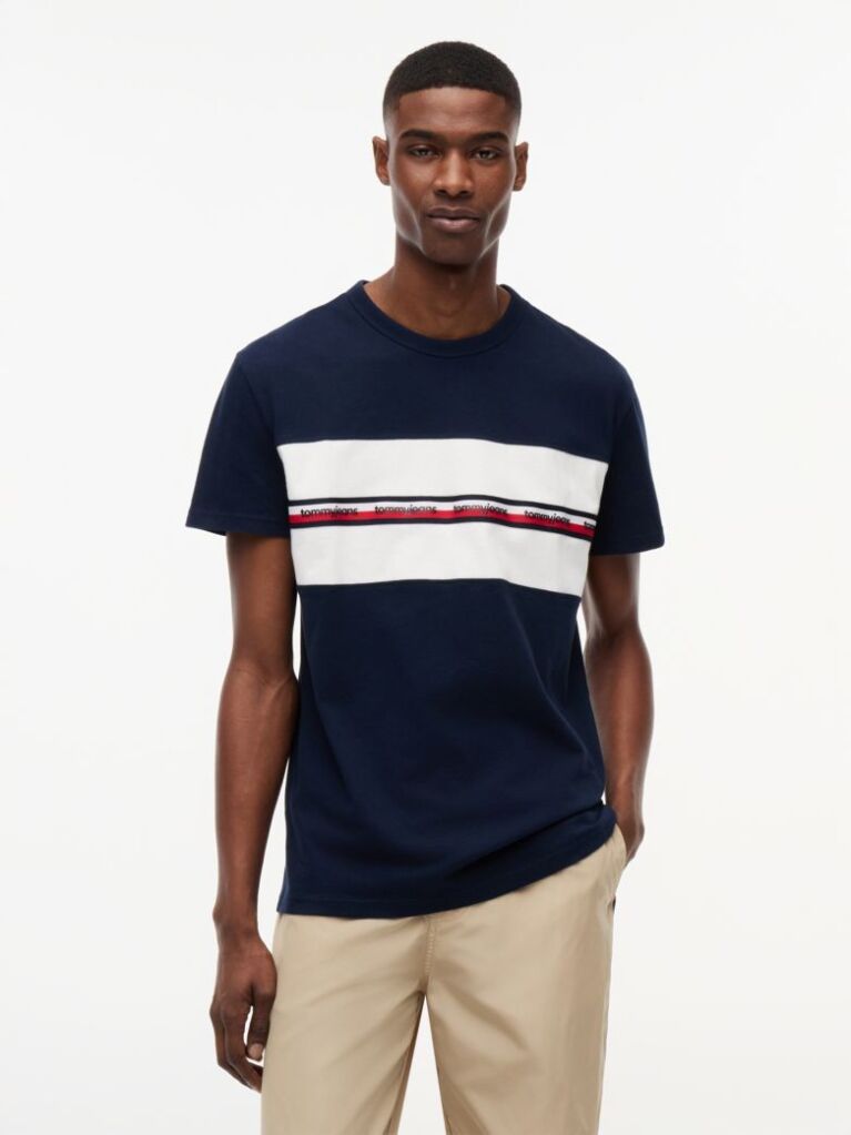 Blue Tricou Din Jersey Peached Cu Dungi  Barbati