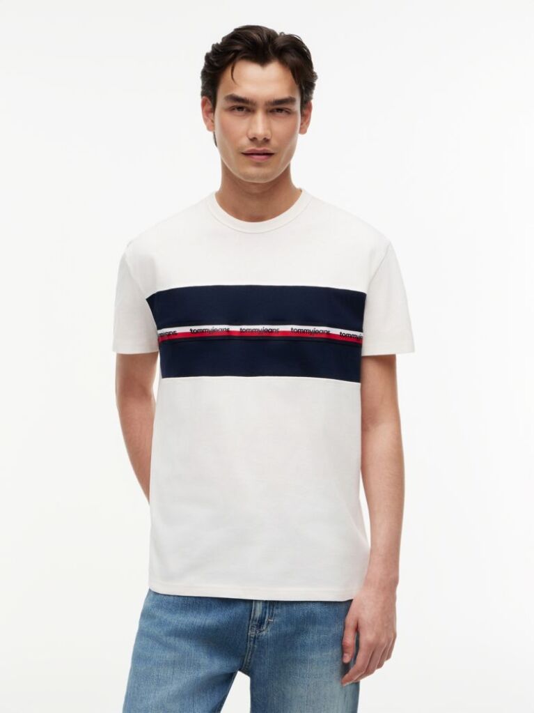 Alb Tricou Din Jersey Peached Cu Dungi  Barbati