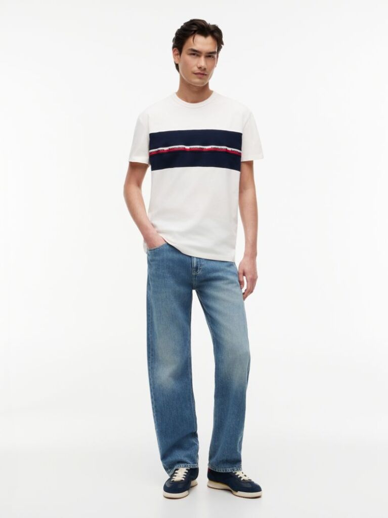Alb Tricou Din Jersey Peached Cu Dungi  Barbati