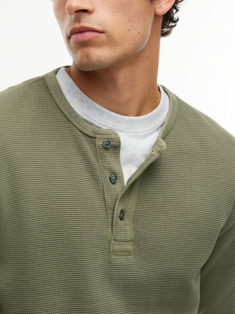 Green Washed Waffle Knit Henley Long Sleeve T-Shirt  Men