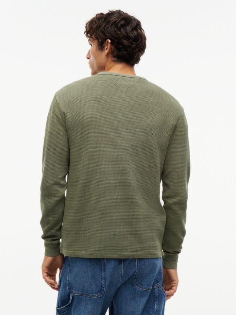 Green Washed Waffle Knit Henley Long Sleeve T-Shirt  Men