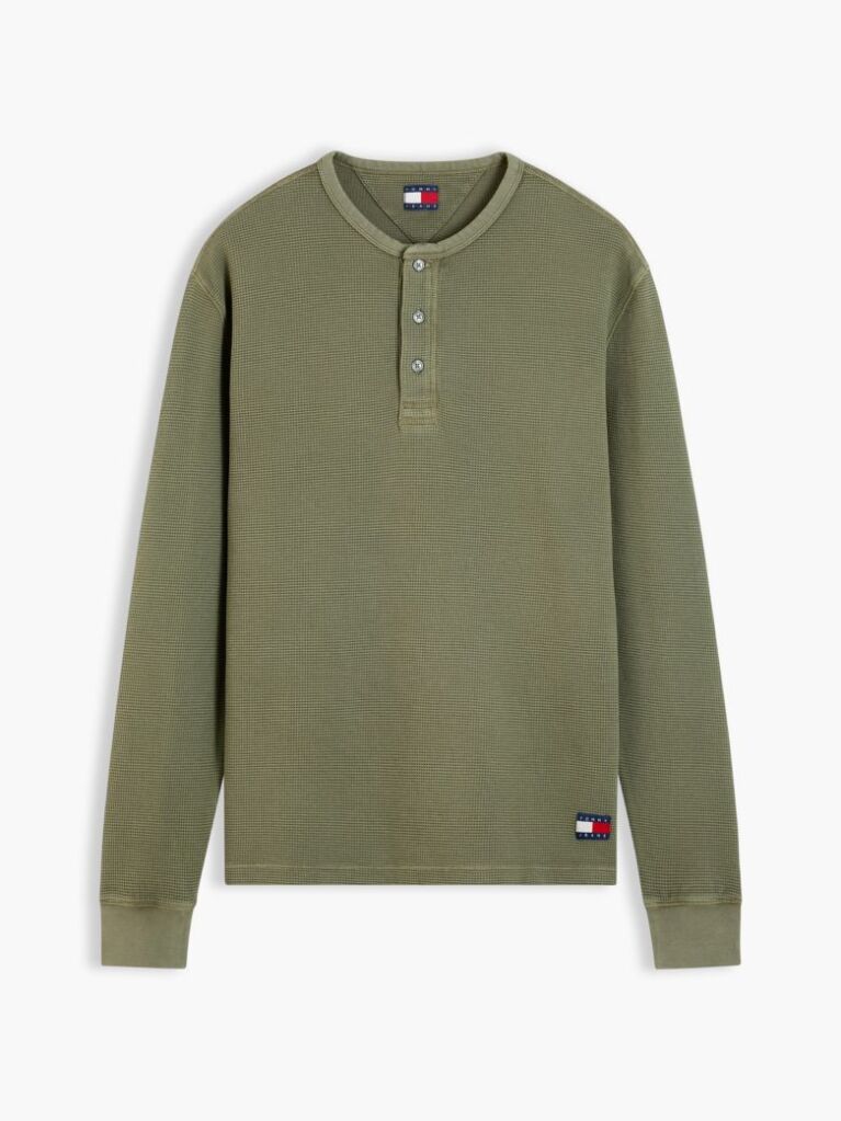 Green Washed Waffle Knit Henley Long Sleeve T-Shirt  Men