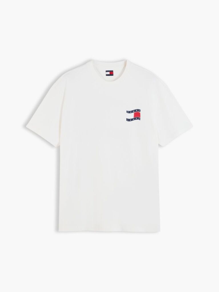 Alb Wavy Flag Back Logo Relaxed T-Shirt Cu Croiala Lejera Si Steag Undulat Pe Spate  Barbati