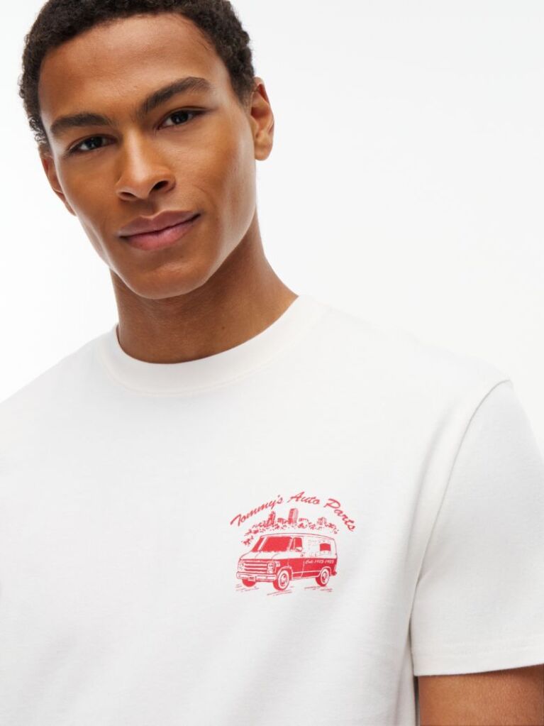 Alb T-Shirt Din Jerseu Cu Guler Rotund Si Logo  Barbati