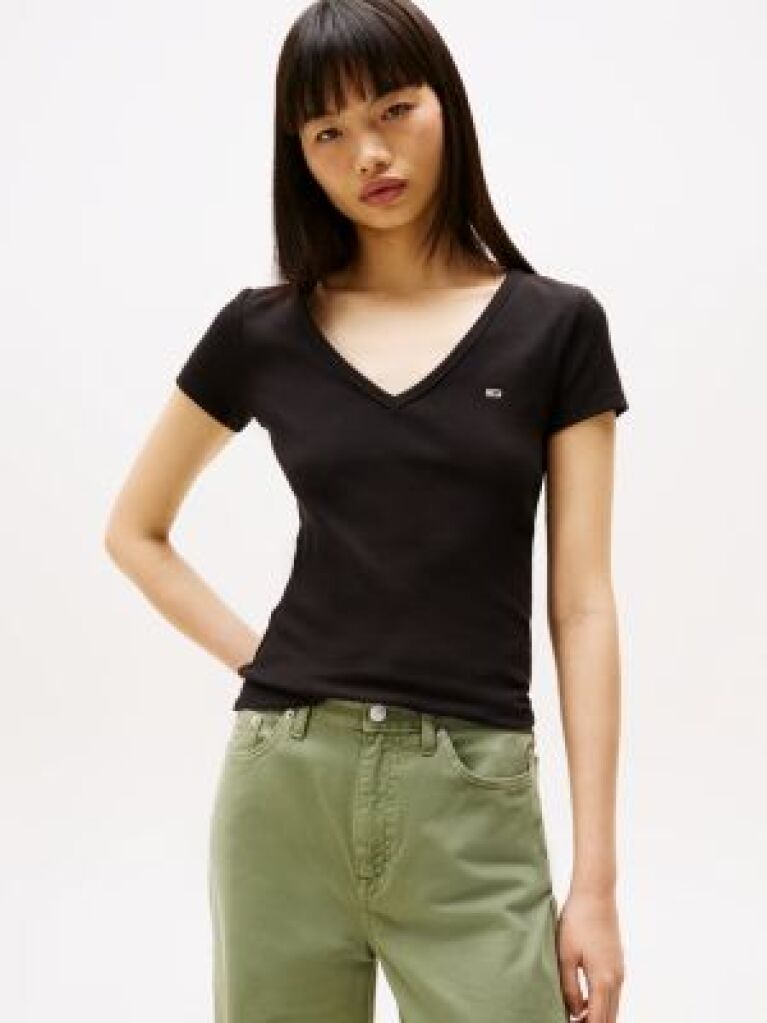 Negru Tricou Essential Slim Fit Cu Guler In V  Femei