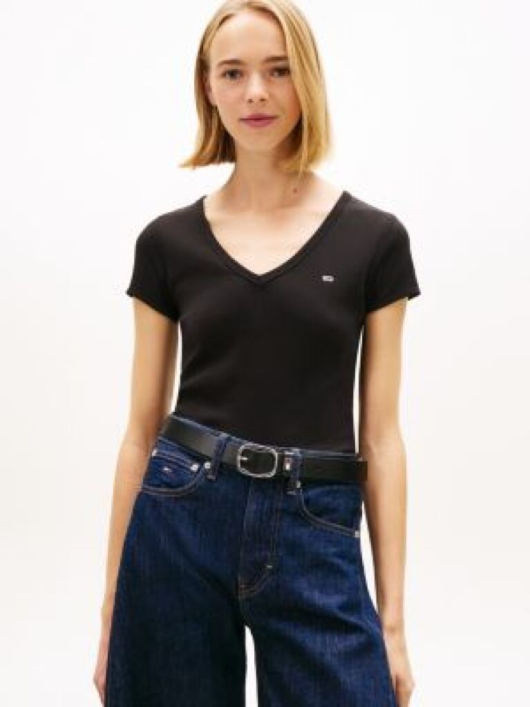 Negru Tricou Essential Slim Fit Cu Guler In V  Femei
