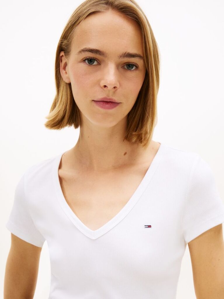 Alb Tricou Essential Slim Fit Cu Guler In V  Femei