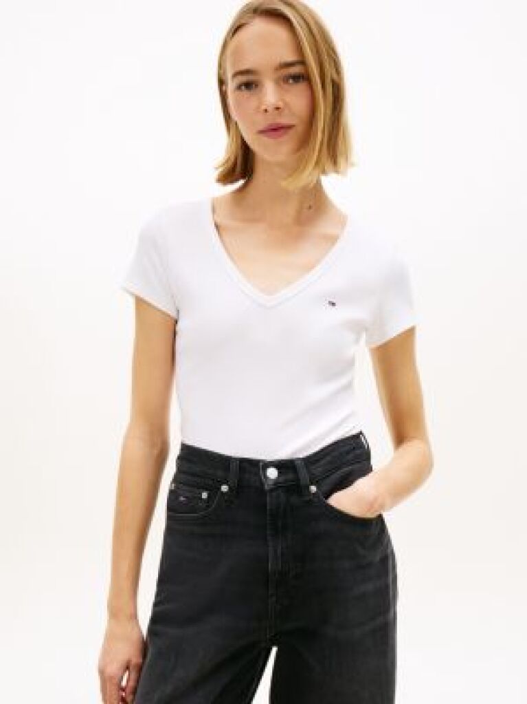 Alb Tricou Essential Slim Fit Cu Guler In V  Femei