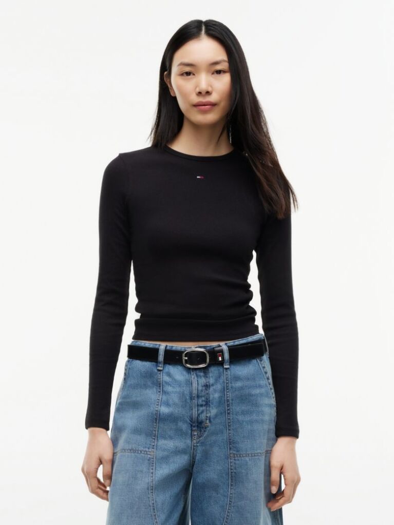 Negru Tricou Slim Cu Maneca Lunga Si Guler Riplat  Femei