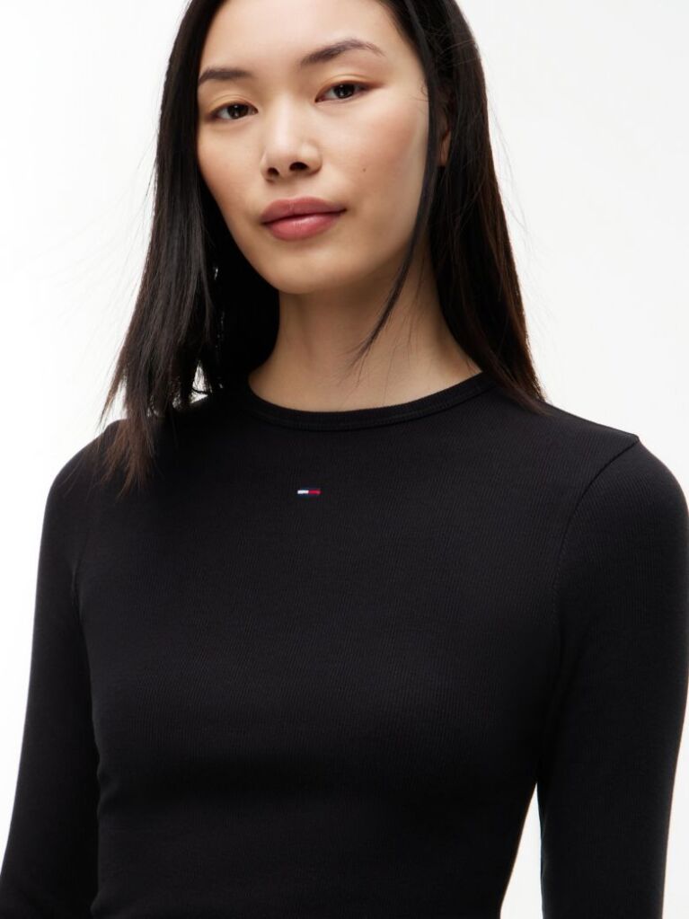 Negru Tricou Slim Cu Maneca Lunga Si Guler Riplat  Femei