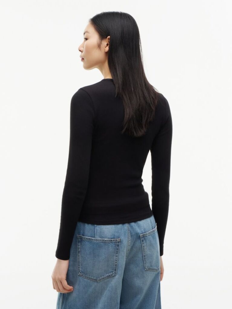 Negru Tricou Slim Cu Maneca Lunga Si Guler Riplat  Femei