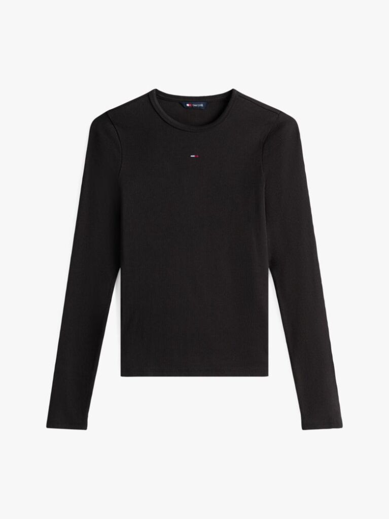 Negru Tricou Slim Cu Maneca Lunga Si Guler Riplat  Femei